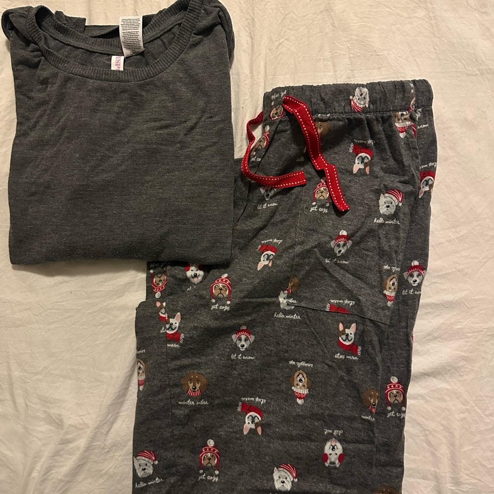 Festive Gray and Red Pajama Set with Holiday Characters